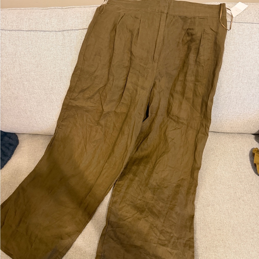 Nwt Magaschoni Olive Green Wide-Leg Linen Chinos